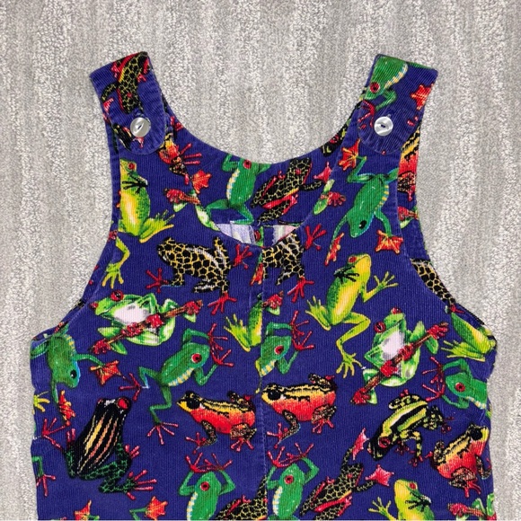 VTG 90s Handmade Purple Corduroy Frog Print Jumpsuit Pockets Youth Sz 12 - Picture 3 of 4